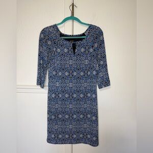 Laundry By Shelli Segal Blue and Black Long-Sleeve Patterned Dress XS